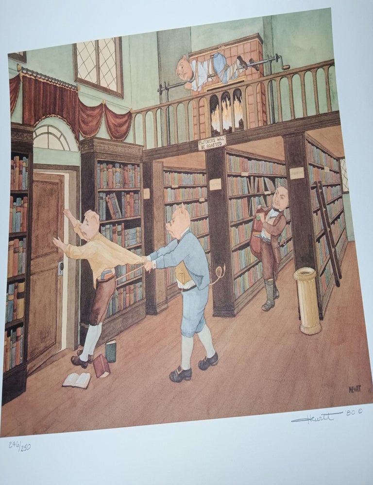 Item #120847 Anthropomorphic Pigs Pilfering in Bookshop, signed and limited print. K. HEWITT.